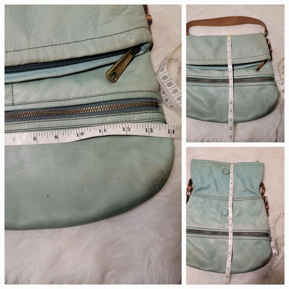 FOSSIL Explorer Flap Foldover Hobo Mint Green Teal Leather Slouch Shoulder Bag - Picture 10 of 12